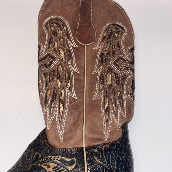 Women's Ferrini Western Hand Tooled Brown Leather Cross Wing Cowboy Boots Sz 7.5 - Picture 10 of 15